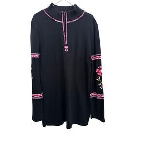 Hanna Andersson Black Floral Embroidered Quarter-Zip Tunic Sweater Size Medium